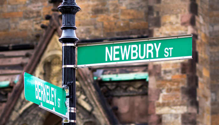 Street sign at the corner of Newbury St. and Berkeley St. in Back Bay, Boston