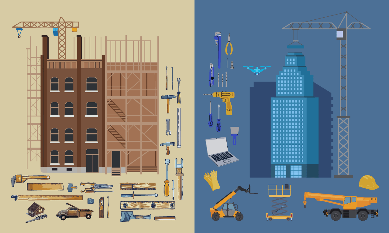 Real estate construction 8 decades ago and today vector art