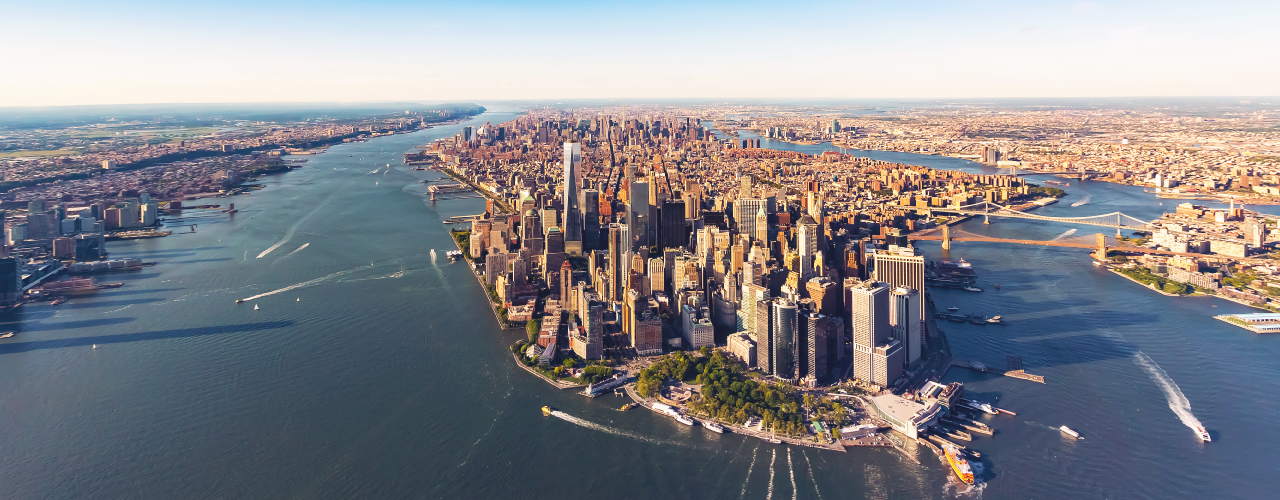 Lower Manhattan skyline aerial view