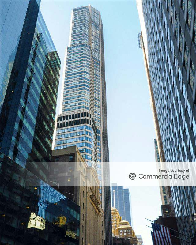 looking up from street level at CitySpire on West 56th Street, office building in Midtown Manhattan