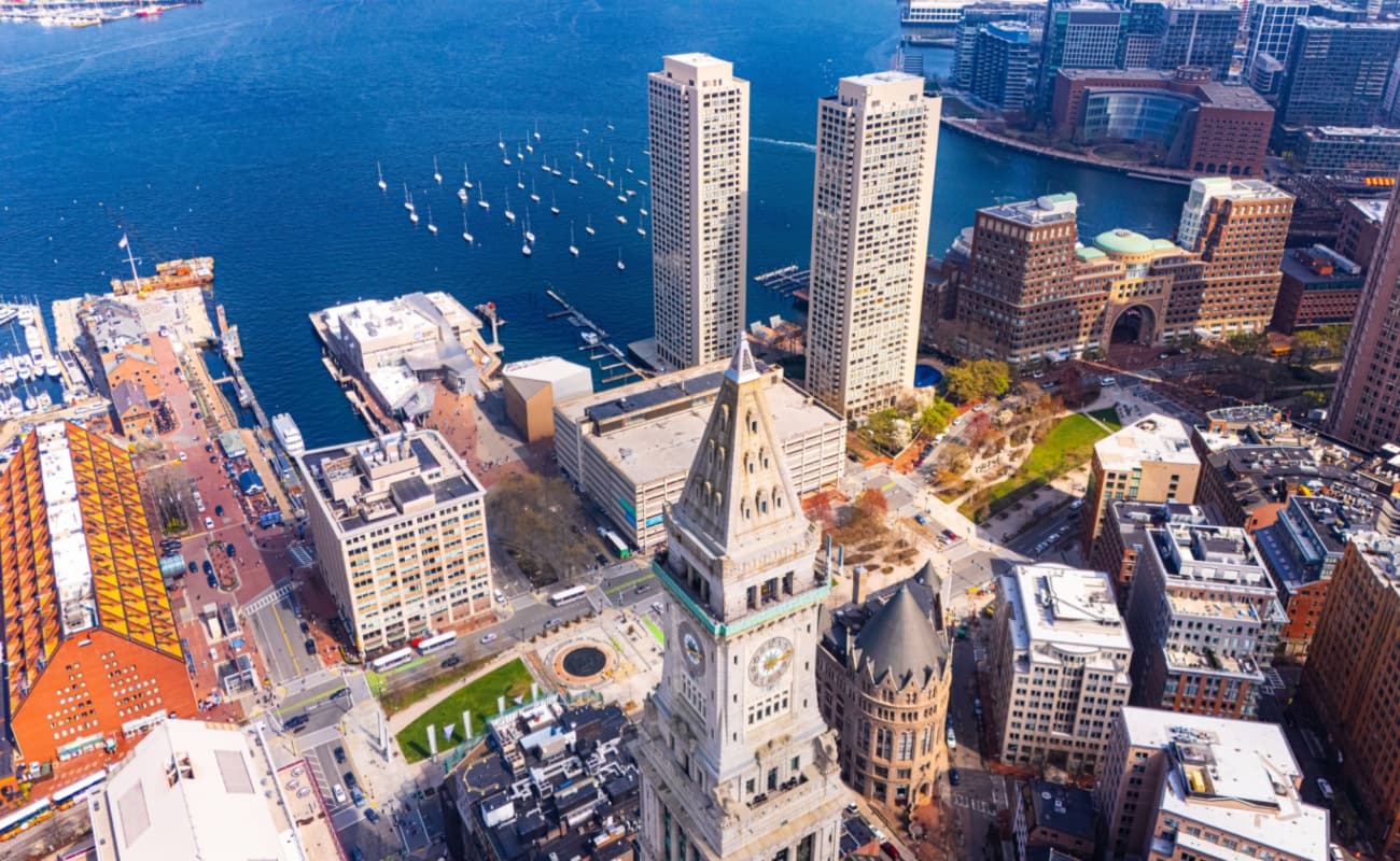 boston birdseye panoramic view of skyline by the bay