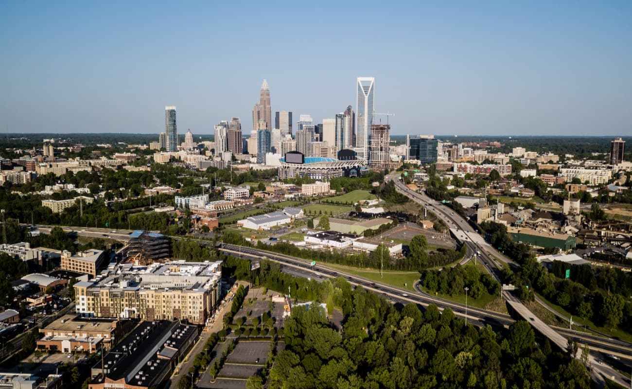 aerial panoramic view of the charlotte nc central business district and the surrounding city area