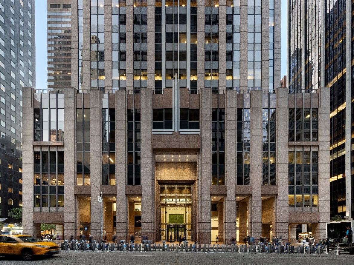 Exterior shot of the entrance at the Americas Tower, a 47-story 1 million-square-foot office tower in Midtown Manhattan.
