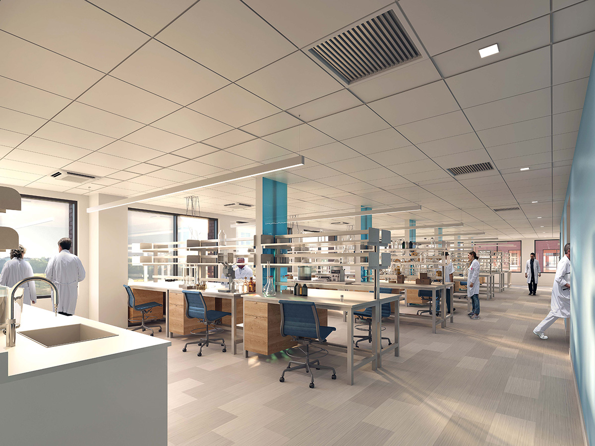 The lab space at Unison Elliot Bay, a three-building project in Seattle that includes speculative suites, as well as customizable spaces. Rendering courtesy of The RMR Group