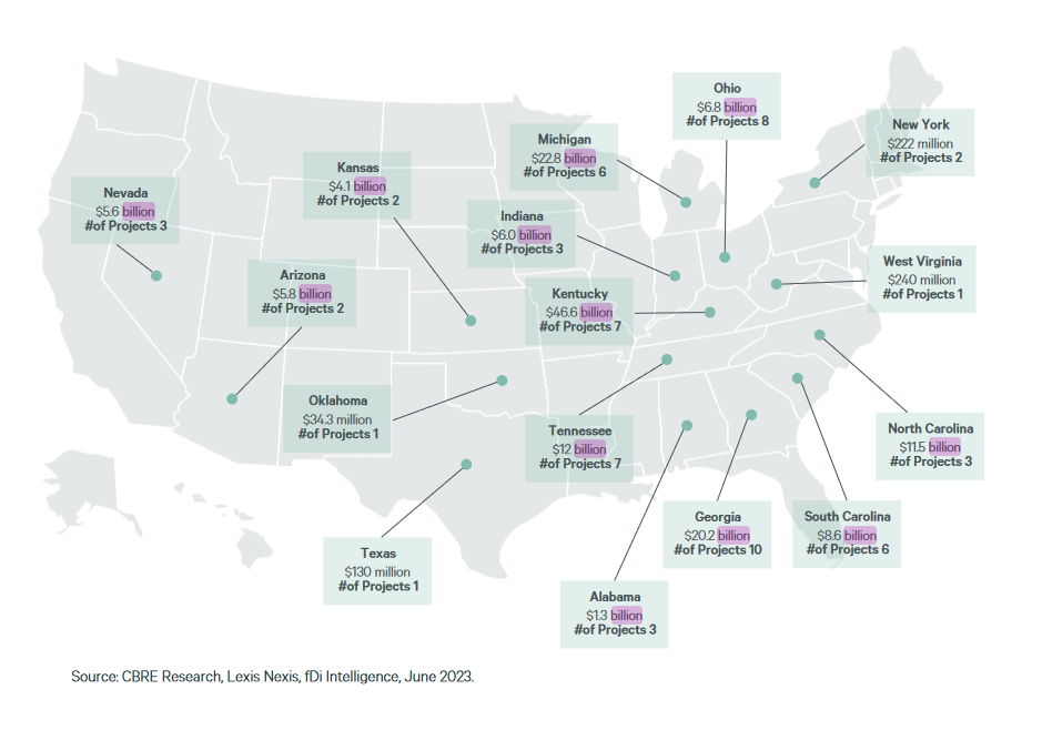 Map of select EV manufacturing investments to new or existing facilities
