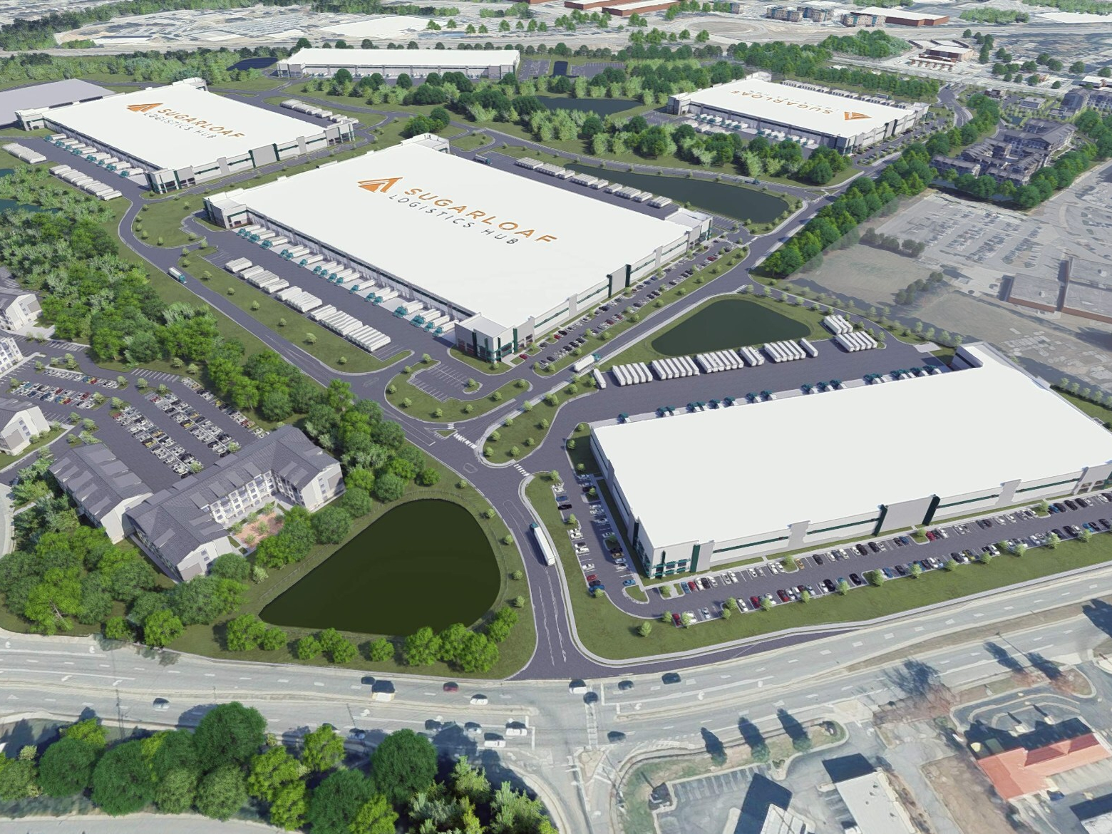 Rendering of Sugarloaf Logistics Hub's first phase. The master-planned industrial development will rise inside metro Atlanta.