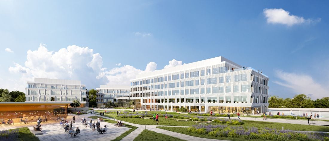 An artistic depiction of a new office structure highlighting its unique architectural features and urban environment.