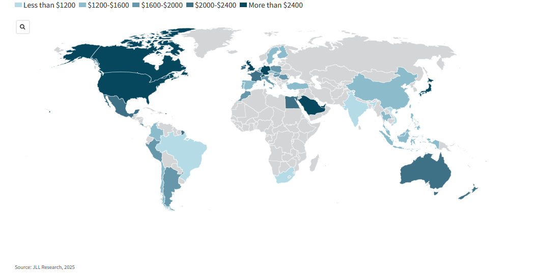 Map showing the average costs for fitting out offices are driven by material & labor prices and local practices across the world, according to JLL 