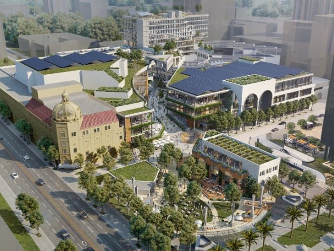 การแสดงผลของวิทยาเขตที่ Horton Plaza ซึ่งเป็นโครงการผสมแบบผสมเก้าครั้งในซานดิเอโก