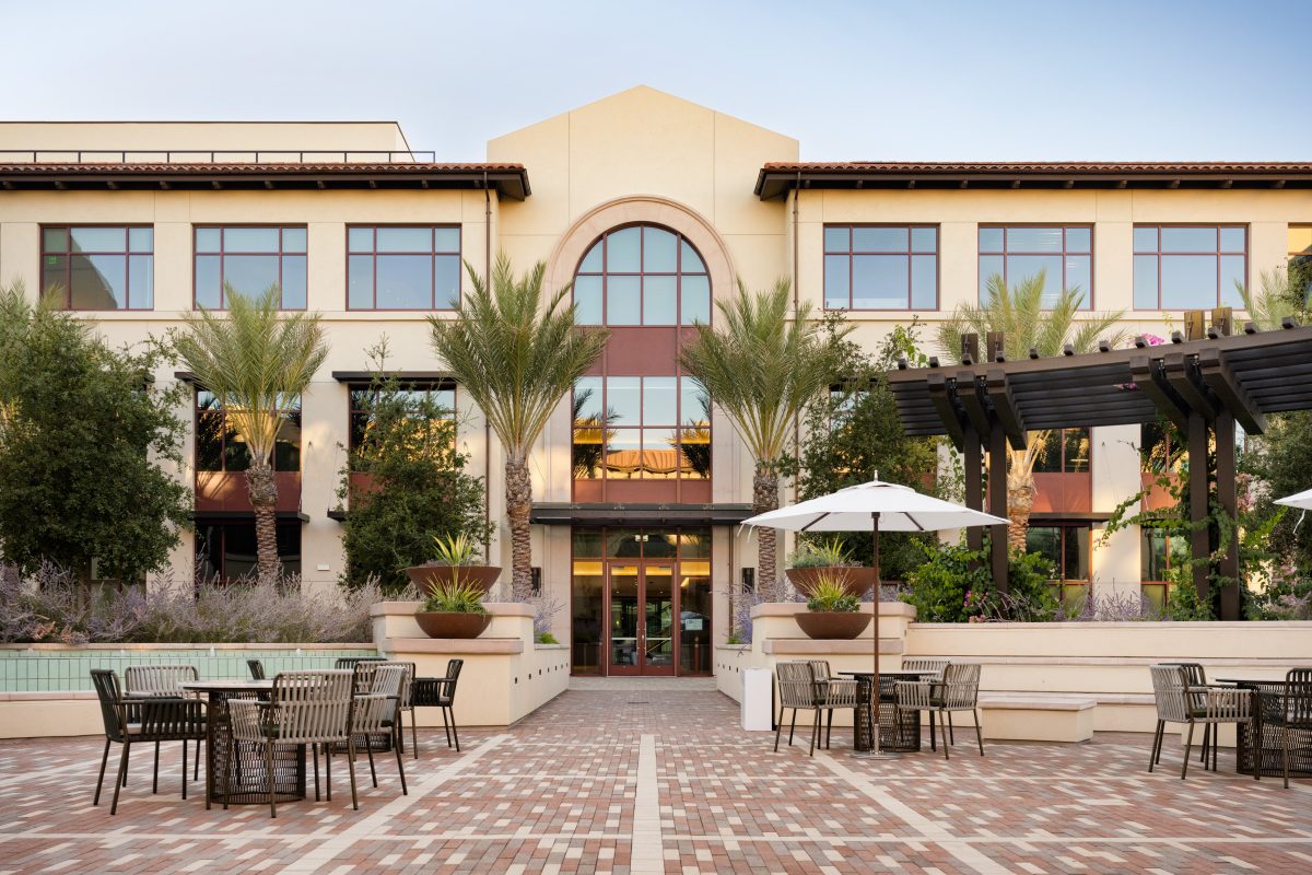 Exterior shot of one of the office buildings part of Springline, a mixed-use development in Menlo Park, Calif. 