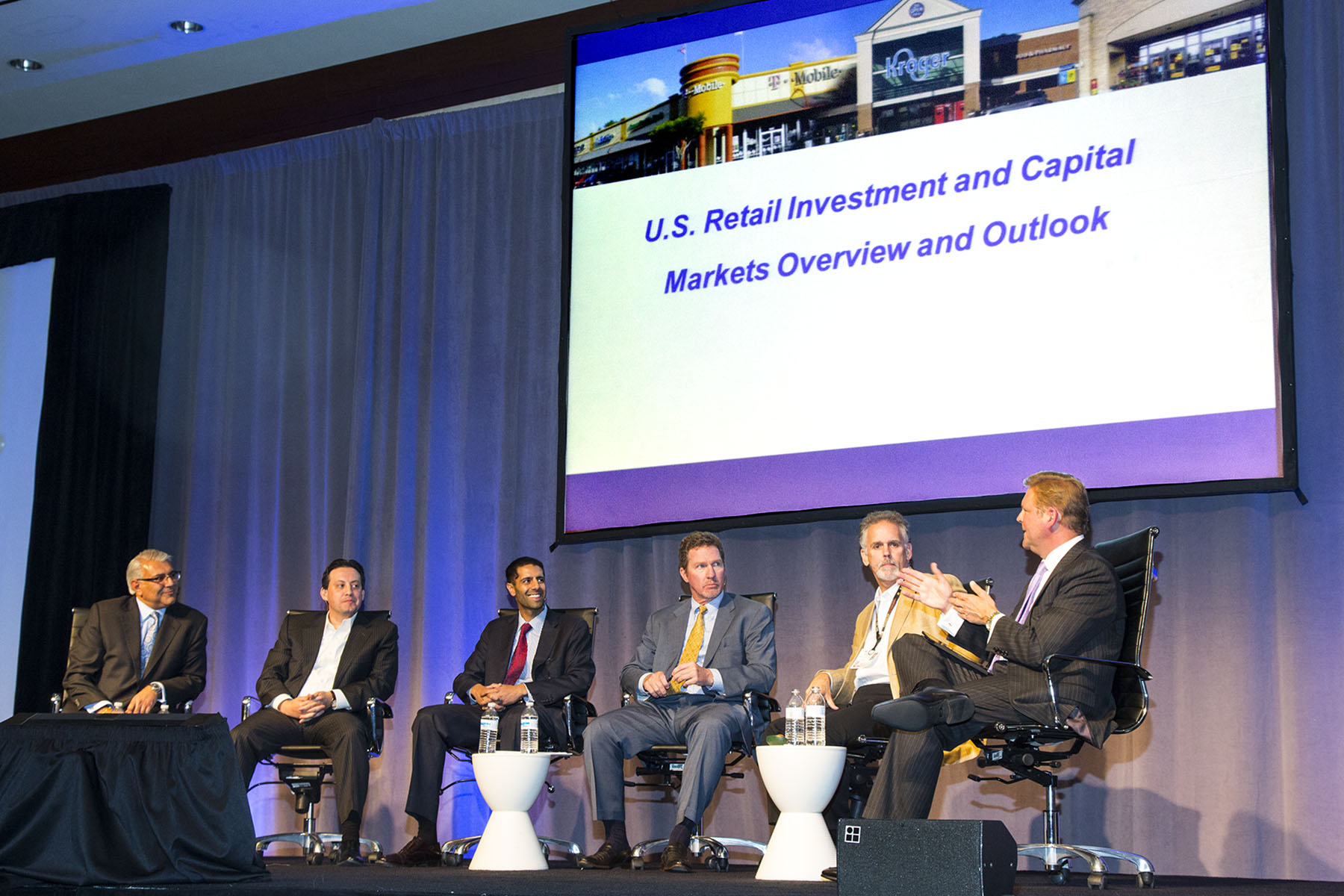 Hessam Nadji, Fernando Leon, Rahul Sehgall, Michael Phillips, Ted Frumkin and moderator Bill Rose discuss retail trends at Marcus & Millichap's annual event in Las Vegas on May 19.