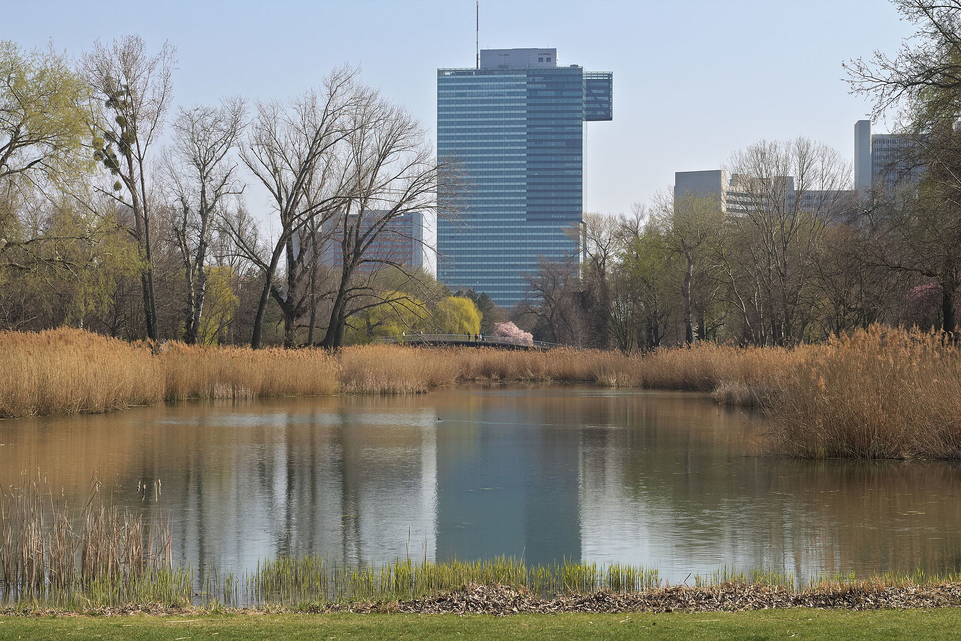 Donaupark in Vienna, Austria. Iris lake and IZD Tower in the background