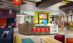 Redering of "The HIve" lobby at Tru by Hilton