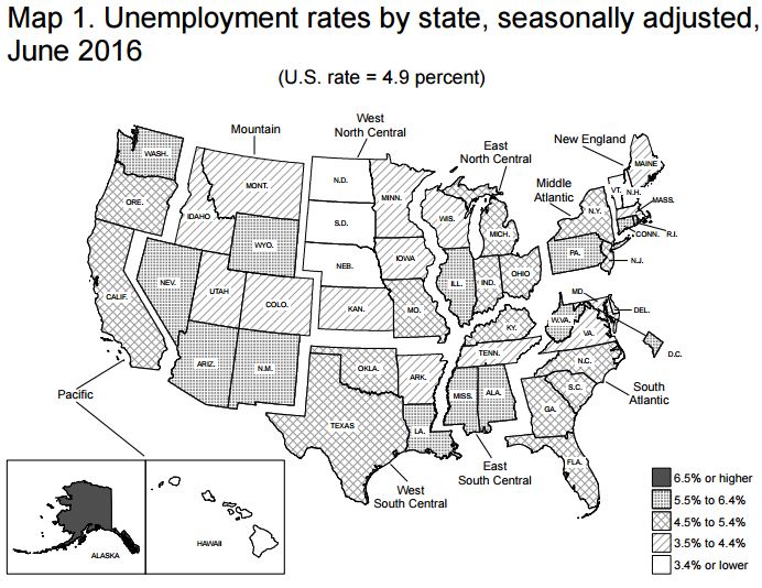 Credit: Bureau of Labor Statistics Regional and State Employment and Unemployment, June 2016