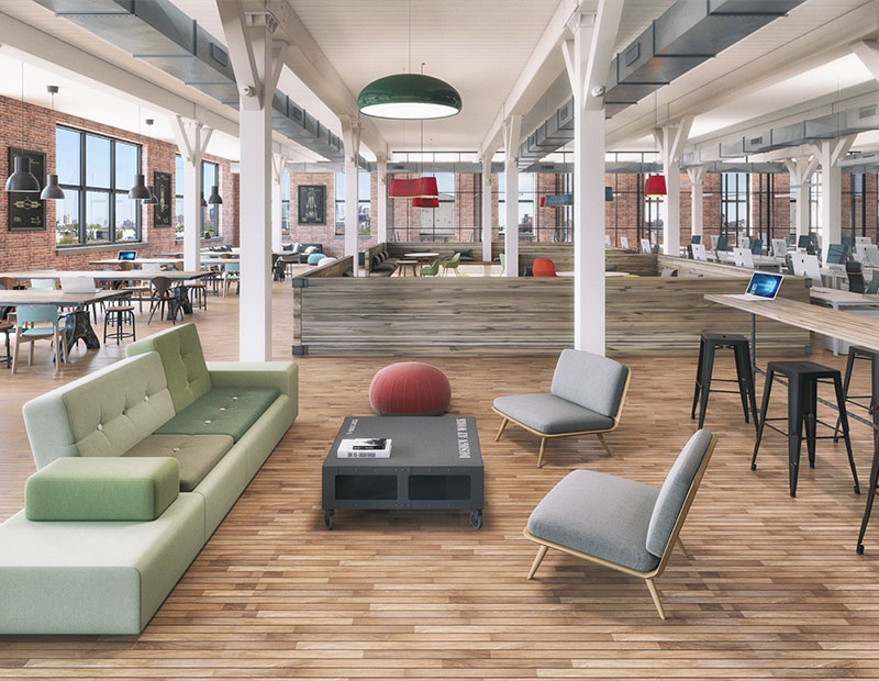 Architectural rendering of an interior lounge at Roulston House, where tenants of all sizes can comfortably set up shop.