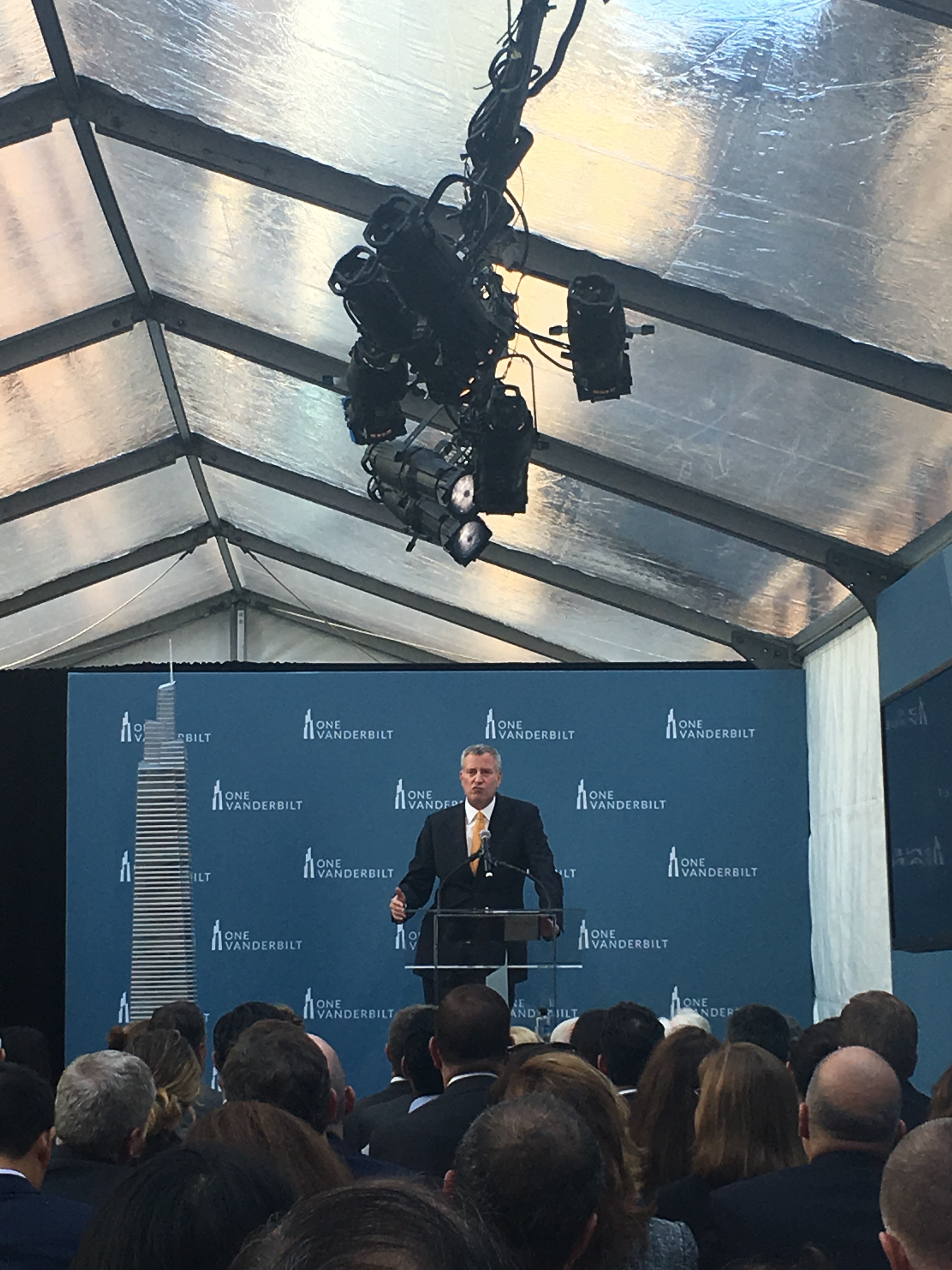 Mayor de Blasio speaking at the One Vanderbilt groundbreaking ceremony.