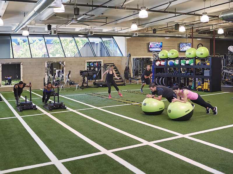 A fully equipped Exos Fitness Center at The Alexandria at Torrey Pines in San Diego