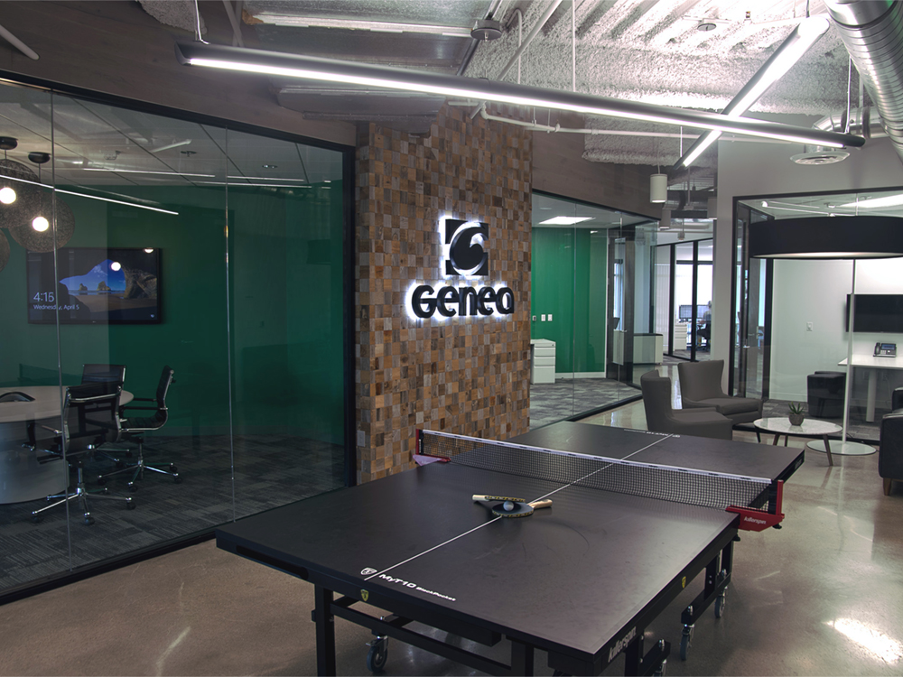 Genea’s new office at The Atrium in Irvine, Calif., features a break room and entrance that embody the natural light, collaborative space and flexibility that technology companies seek when considering a move. 