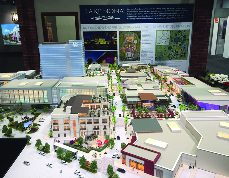 A scale model of the second phase of Lake Nona Town Center, a 3.8 million-square-foot destination in Orlando. Steiner + Associates’ plan calls for integrating 800,000 square feet of retail, restaurant and entertainment elements in a pedestrian-friendly setting.