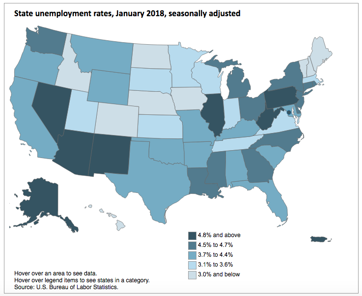 (Click for interactive map) Source: U.S. Bureau of Labor Statistics, January 2018 