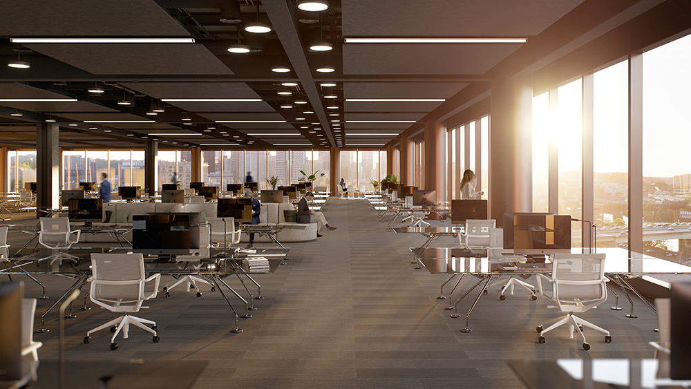 The interior of 1501 PennOffice, a 21-story re-development in Pittsburgh by JMC Holdings. The building will have 520,000 square feet of leasable office space. Photo courtesy of JMC Holdings
