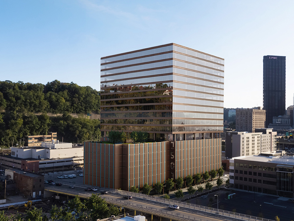 The exterior of the 21-story, 950,000-square-foot 1501 Penn office building in Pittsburgh from JMC Holdings. The building will have 520,000 square feet of leasable office space. Photo courtesy of JMC Holdings