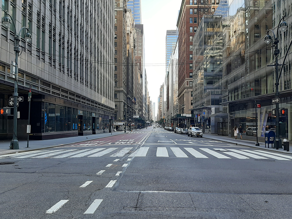 Office usage remains below one-fifth in the New York metro area, according to data from Kastle Systems, after the coronavirus crisis emptied out the city’s once-busy streets, such as Madison Avenue in Midtown Manhattan. Image by Greg Isaacson