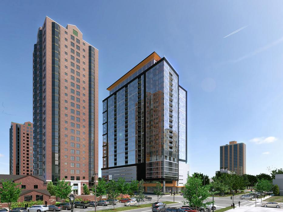 Rising 284 feet above street level in downtown Milwaukee, the luxury multifamily tower called Ascent will be the world’s tallest timber-frame building when it is complete in mid-2022. Image courtesy of Korb & Associates Architects