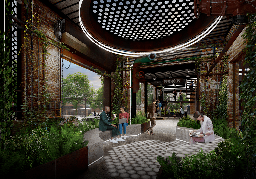 The developers of Camp North End are bringing creative office space to Charlotte, which saw hiring in the tech industry rebound by 15 percent from the second quarter to the fourth quarter of 2020, according to the Charlotte Regional Business Alliance. Renderings courtesy of Nelson Byrd Woltz
