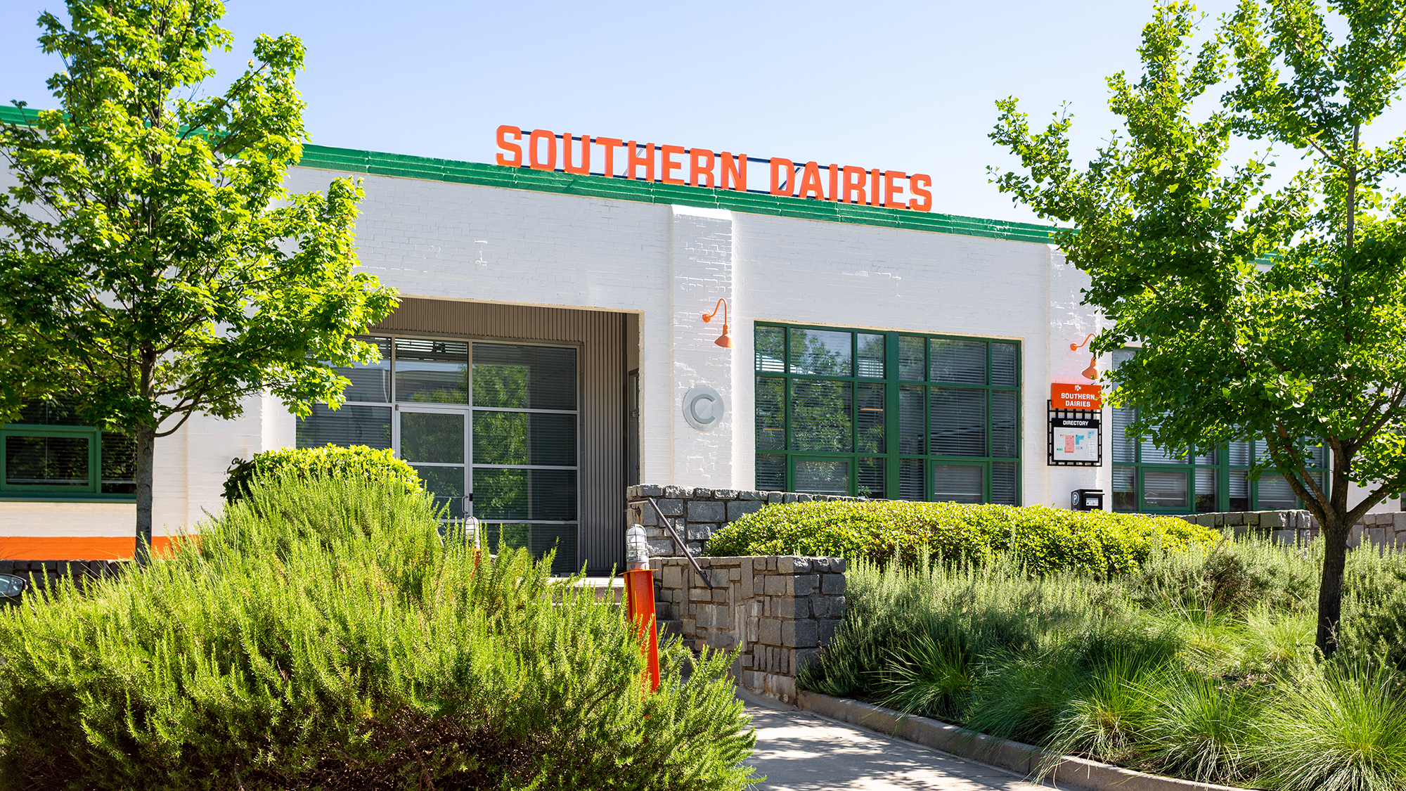 Southern Dairies, main entrance, Atlanta. Creative office adaptive reuse property that is majority owned by Jamestown Invest. Courtesy of Jamestown.