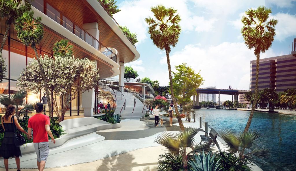 Exterior rendering of a promenade along the Miami River