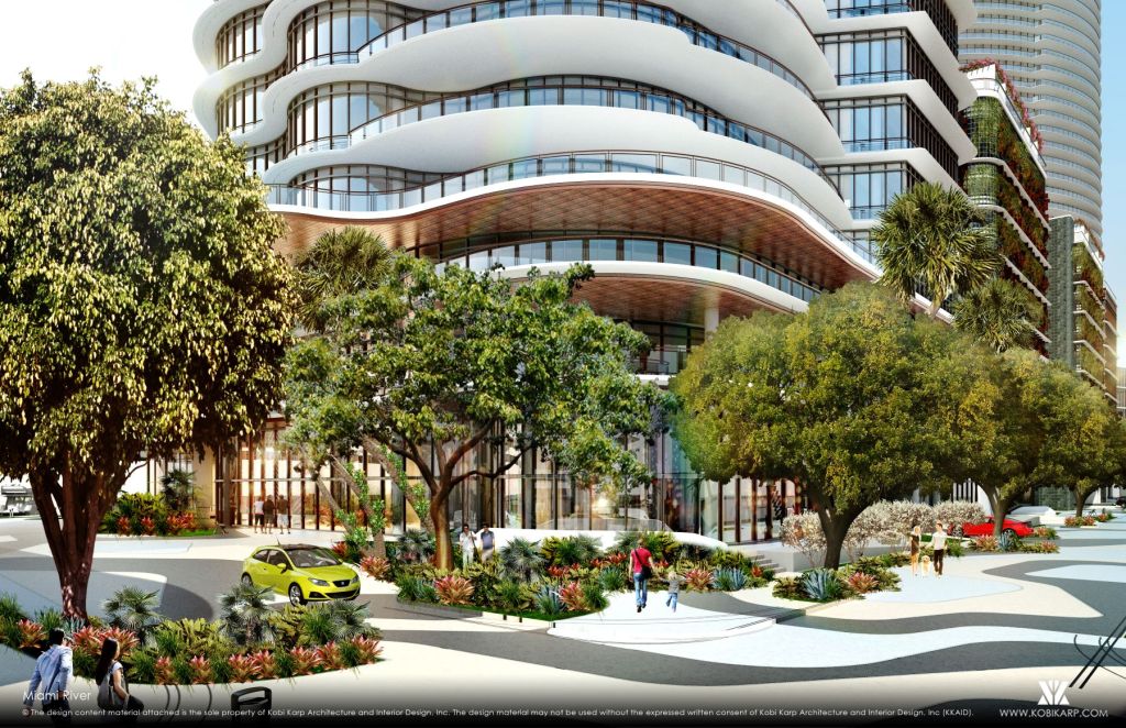 Exterior rendering at Miami River.