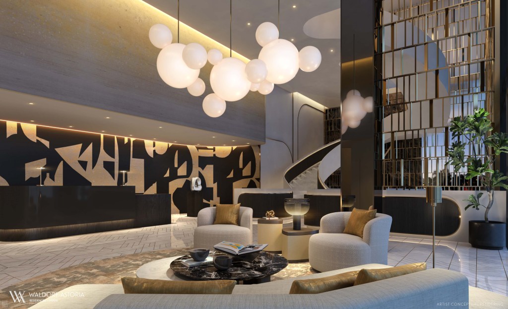 Rendering of the condo lobby at Waldorf Astoria