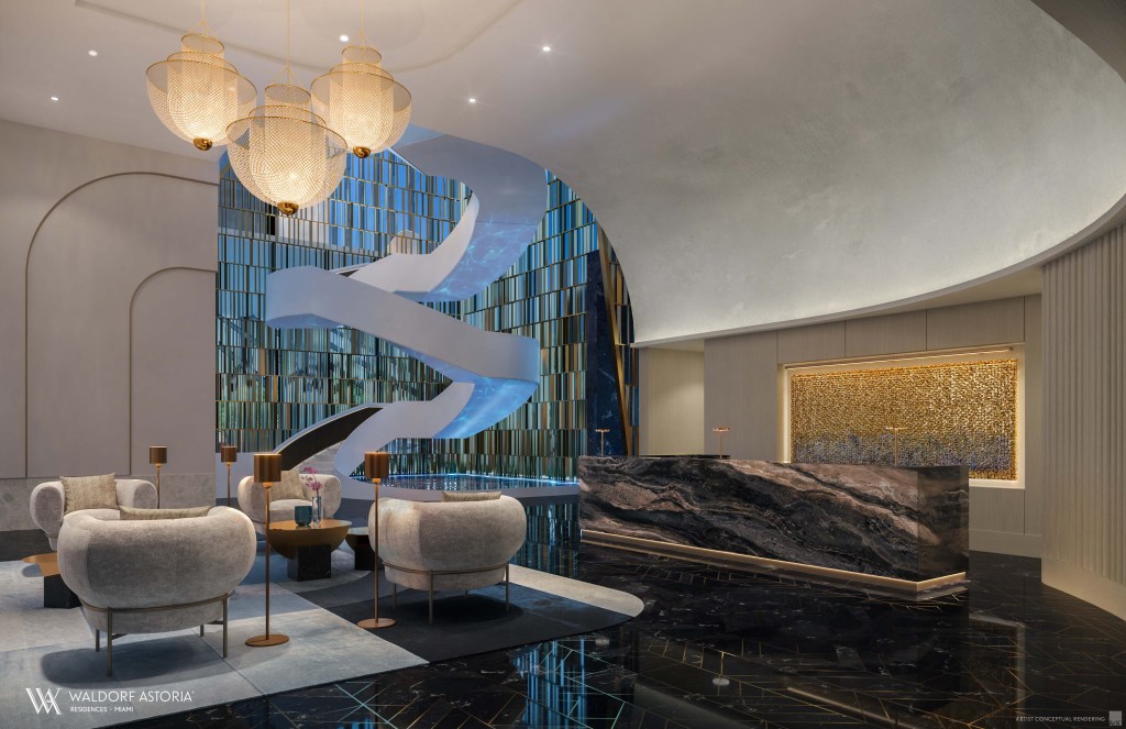 Rendering of the hotel reception area at Waldorf Astoria