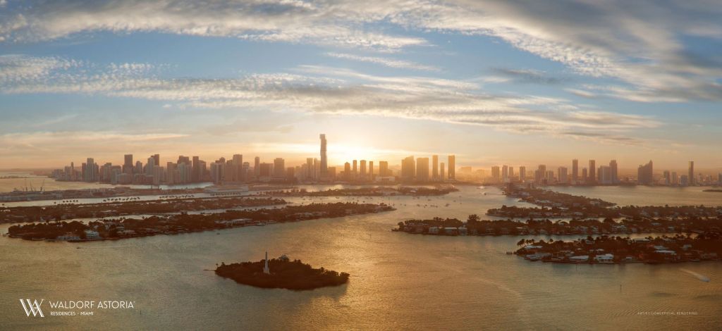 Bird's-eye rendering of the Waldorf Astoria Residences and Biscayne Bay