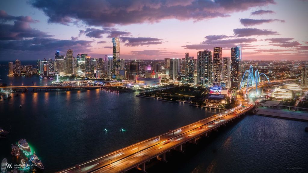 Bird's-eye rendering of the Waldorf Astoria Residences and Biscayne Bay