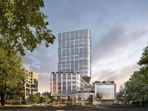 The Arcadian in Bellevue, Wash., looking east across 106th Avenue NE at outdoor plaza, podium and tower