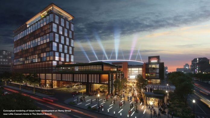 Conceptual rendering of future hotel development on Henry Street near Little Caesars Arena in The District Detroit