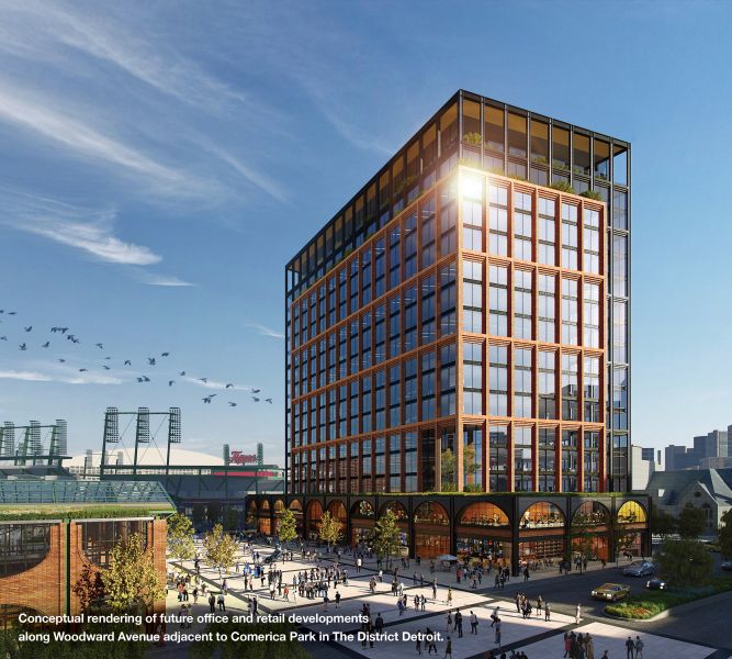 Conceptual rendering of future office and retail developments along Woodward Avenue adjacent to Comerica Park in The District Detroit