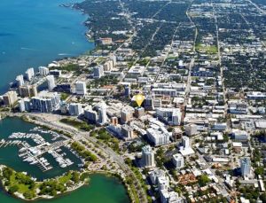 Aerial photo of downtown Sarasota indicating the 1390 Main St. office building