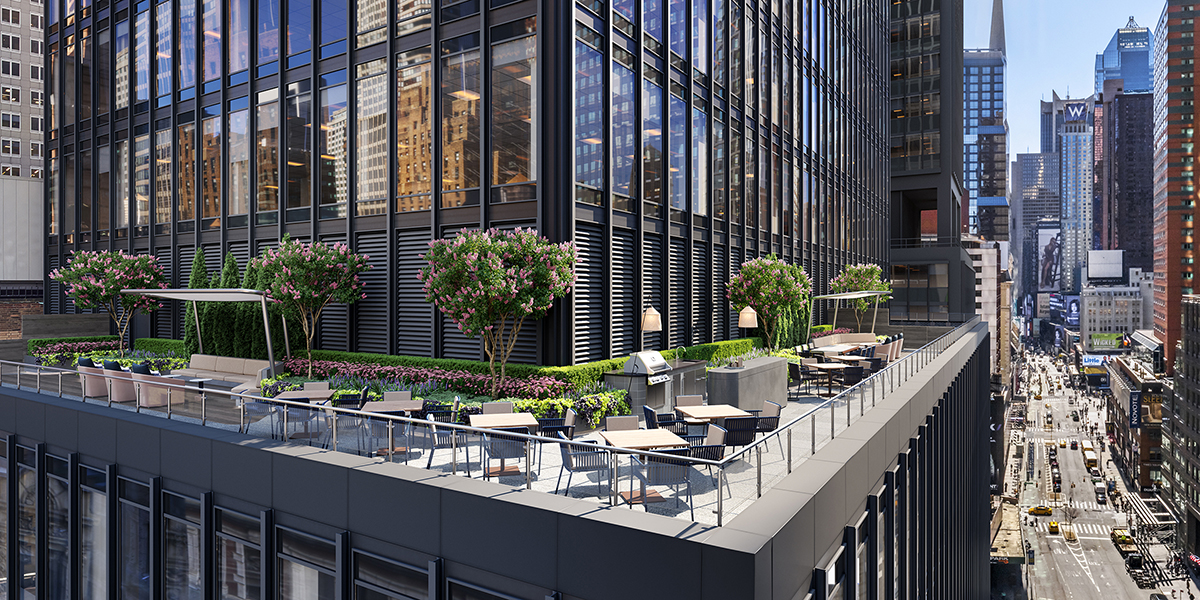 The exterior amenity spaces at 1700 Broadway. Outdoor green space has been in high-demand for tenants and employees working in the office. Image courtesy of Rockpoint