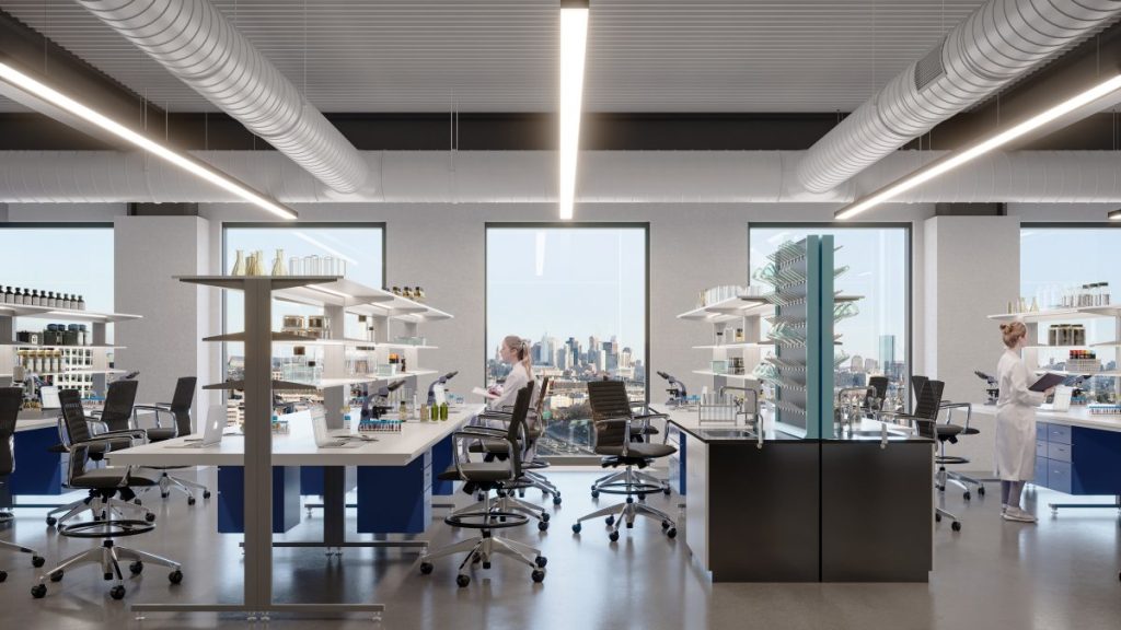 The lab space at 74M is designed to foster collaboration among researchers. Image courtesy of Greystar