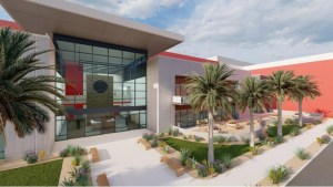 Rendering of the front entrance at the Reyes Coca-Cola Bottling facility in Rancho Cucamonga, Calif. 