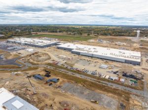 Construction work at Toyota’s 1,825-acre EV battery manufacturing campus in Liberty, N.C.