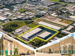 Collage image comprising an aerial view and two exterior close-up shots of Tampa Airport Logistics Center, a two-building industrial park in Tampa, Fla.