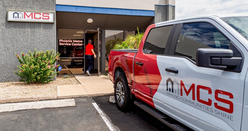 An MCS service technician enters the Phoenix self-performing service center. The branch is one of 25 regional centers established by MCS.  Image courtesy of MCS