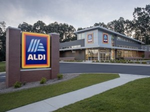 Exterior front entrance with ALDI sign in Harrisburg, Pa.
