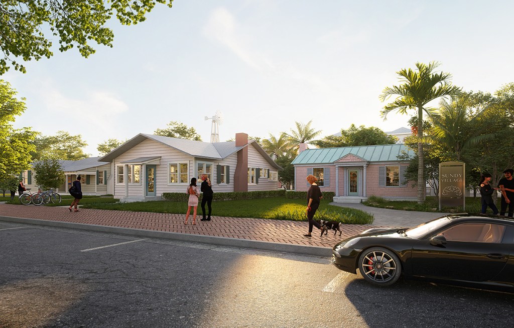 Sundy Village historic homes repurposed. Rendering of several historic houses in Delray Beach that are being repurposed as food and beverage outlets. Image courtesy of Pebb Capital