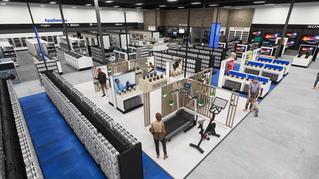 BestBuy has been a pioneer in utilizing showroom space in-store to showcase and offer interaction with products that can be ordered online. These images show floor space dedicated to cell phones and exercise equipment. Image courtesy of Best Buy