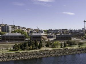 Aerial view of Unison Elliott Bay, a three-building office campus in Seattle.